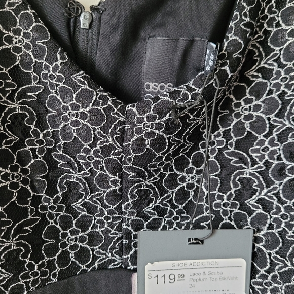 NWT ASOS Curve Sleeveless Black Peplum Blouse Abstract Floral Lace Overlay - Picture 10 of 14